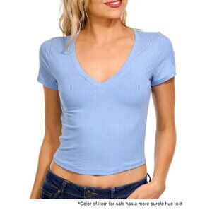 Blue Crop V-Neck Ribbed Short Sleeve Baby Tee
